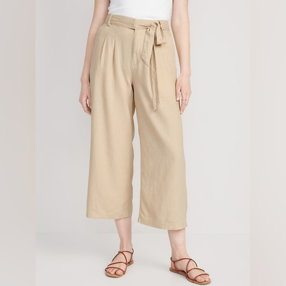NWT Old Navy Beige High-Waisted Linen Belted Cropped Wide-Leg Pants Size M - Picture 2 of 6